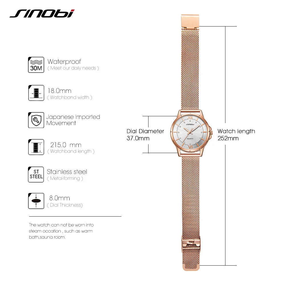 

Women Watch SINOBI Quartz Luxury 37mm Elegant Dial Classic Rosegold/Silver Diamond Ladies Stainless Steel Wristwatch for Femme