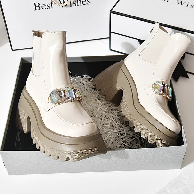 

Brand New Women Crystal Chunky Chelsea Boots Winter Shoes 2022 Ankle High Heels Boots Platform Shoes Pumps Motorcycle Snow Botas