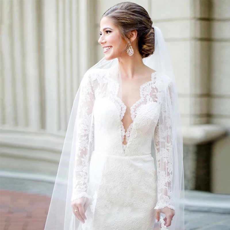 

Женское кружевное свадебное платье-русалка, элегантное платье с глубоким V-образным вырезом, длинными рукавами и открытой спиной, официальн...