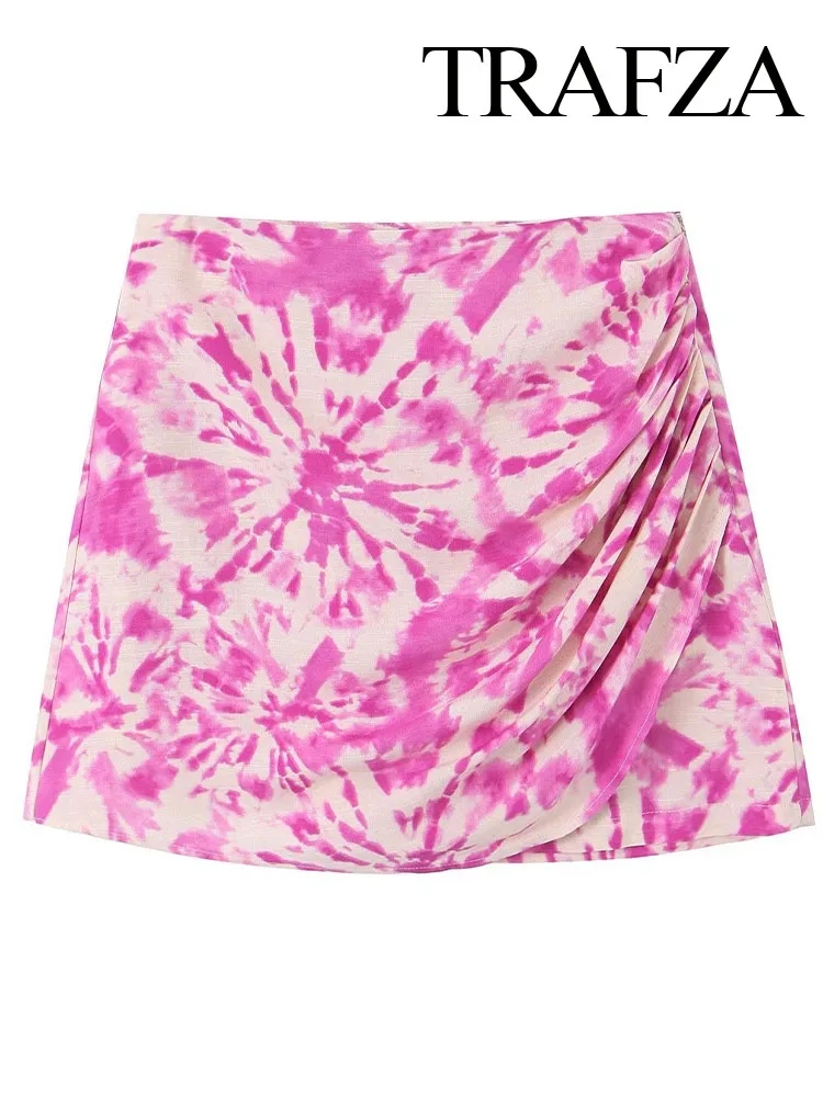 

TRAFZA Women Fashion Y2K Pink Floral Print Culottes Woman Tie Dye High-Waisted Zipper Fly Casual Female Pantskirt Vestidos