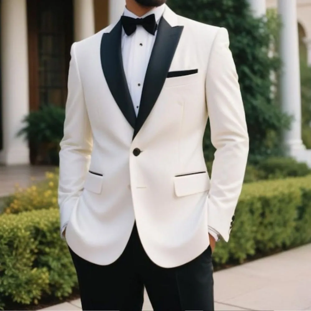 Шикарные мужские костюмы Белый пиджак Черные брюки Полный комплект из 2