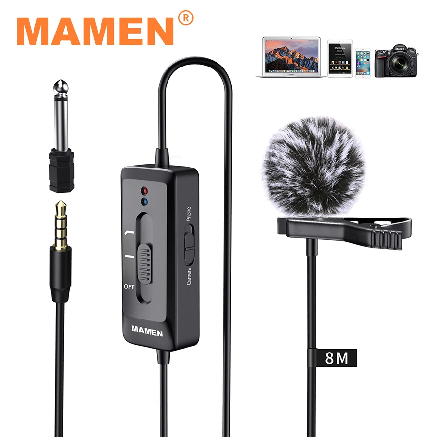 

MAMEN 8m Long Cable Professional Lavalier Microphone Built-in Battery for Camera Smartphone Laptop Interview Vlog Recording Mic