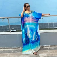 vestidos women african dress muslim ladies robe blue printed short sleeve loose beach long dress 2022 summer casual ethnic wear