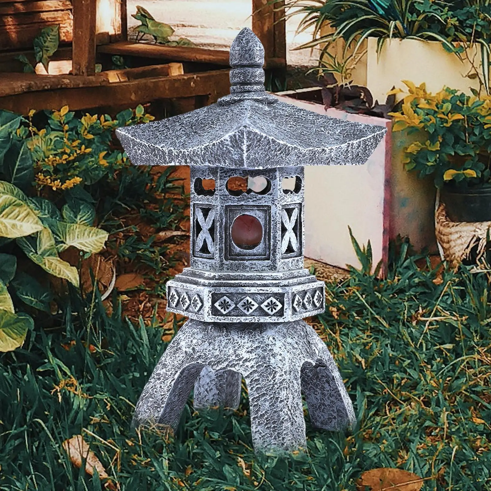

Solar Pagoda Lantern Sculpture Polyresin Garden Statue Stone Finish LED Outdoor Light for Courtyard Landscape Lawn Farmhouse
