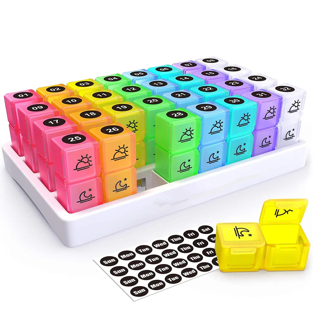 

Pills Organizer Monthly Portable 1 Month Pill Box Cases with 32 Twice a Day AM PM Compartments for Vitamins Fish Oil Medications