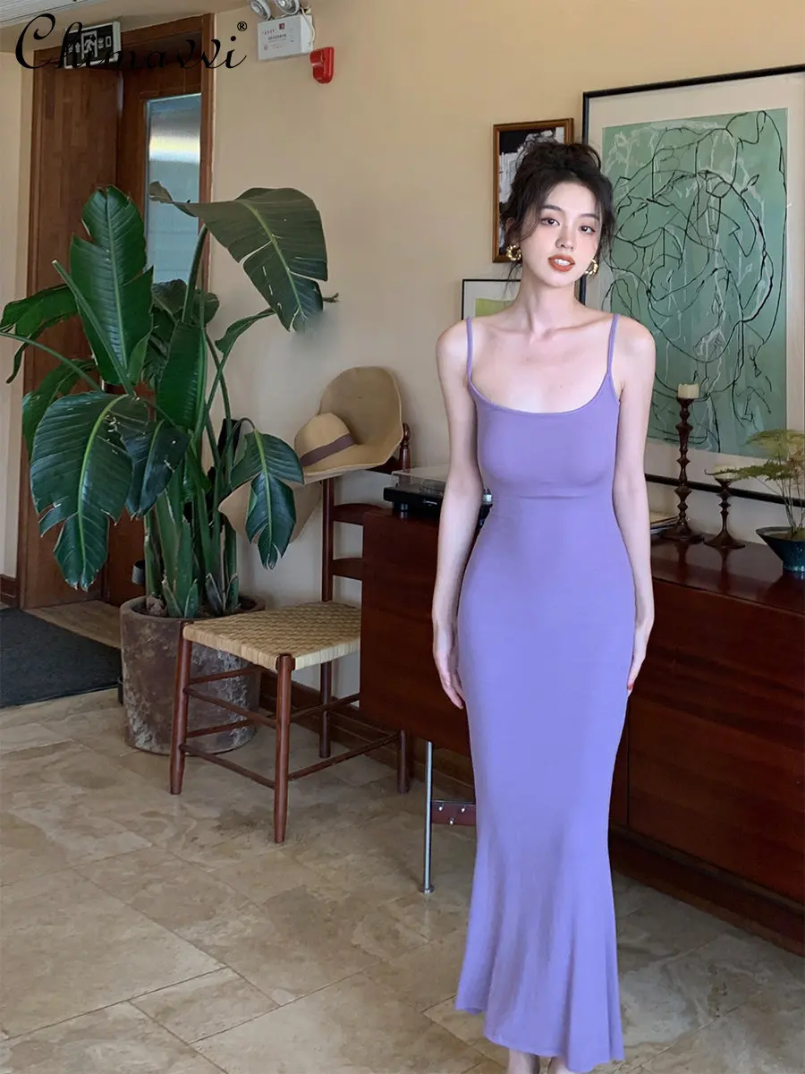 

Simple Casual Tight Stretch Strap Dress for Women 2023 Spring and Summer New French Elegant Knitted Long Dress female