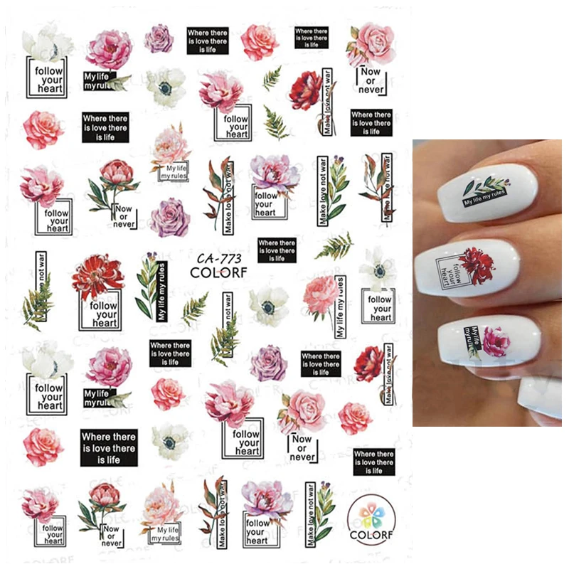 

Back Glue Stickers Watercolor Peony Roses Flowers Geometrical Lines Letters Nail Decals Decoration For Nail Art Manicure Beauty