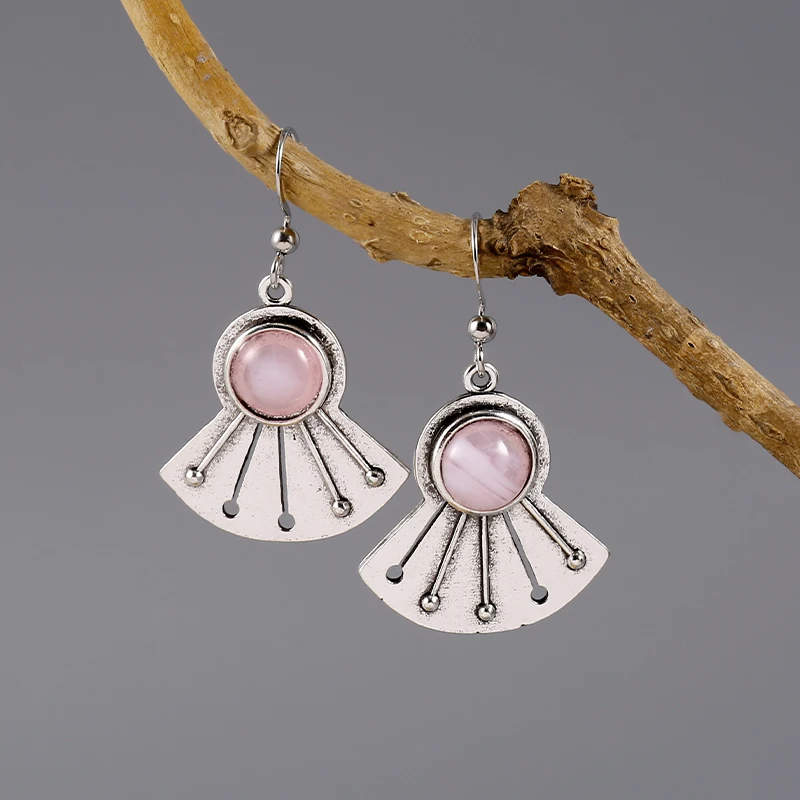 

New Fan-Shaped Earrings Paired With Retro Irregular Appearance Inlaid With Pink Gemstones For Women's Birthday Gift