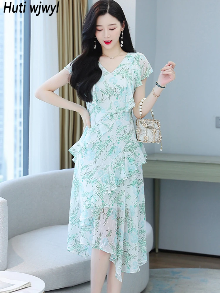 

Summer Casual Floral Chiffon Boho Beach Long Dress Women Sexy Chic Ruffled Cake Dress 2022 Elegant Bodycon Party Evening Dresses