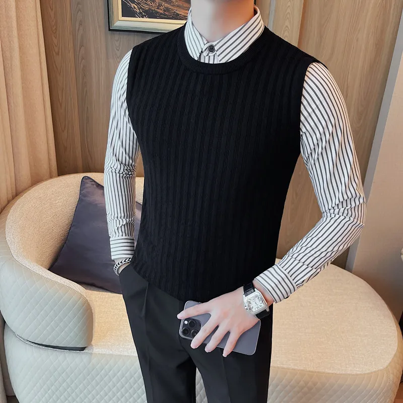Black/White Business Casual Striped Shirts Spliced Sweaters For Men Clothing Simple Slim Fit Men's Social Knitwear Pullovers 4XL