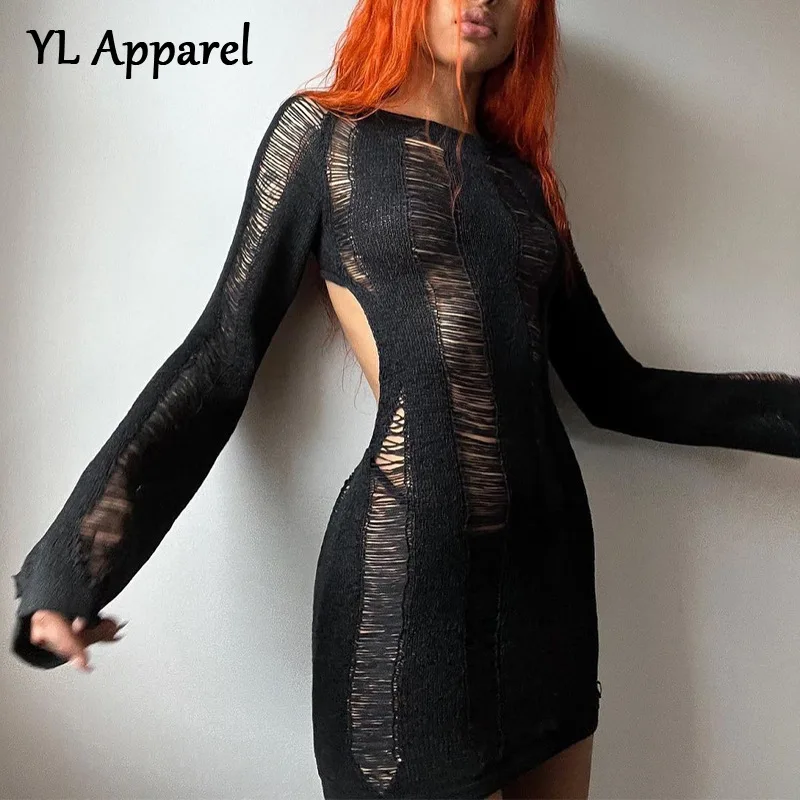 

Sexy Long Sleeve Hollow Out Backless Hollow Out Knit Package Hip Mini Dress Spring 2022 Solid Bodycon Night Club Bodycon Vestido