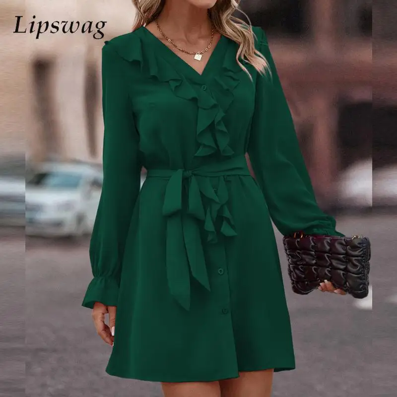 

Fashion Long Sleeve Ruffled Single-breasted A-Line Dress Temperament Women V Neck Mini Dress Elegant Lady Lace-up Shirt Dresses