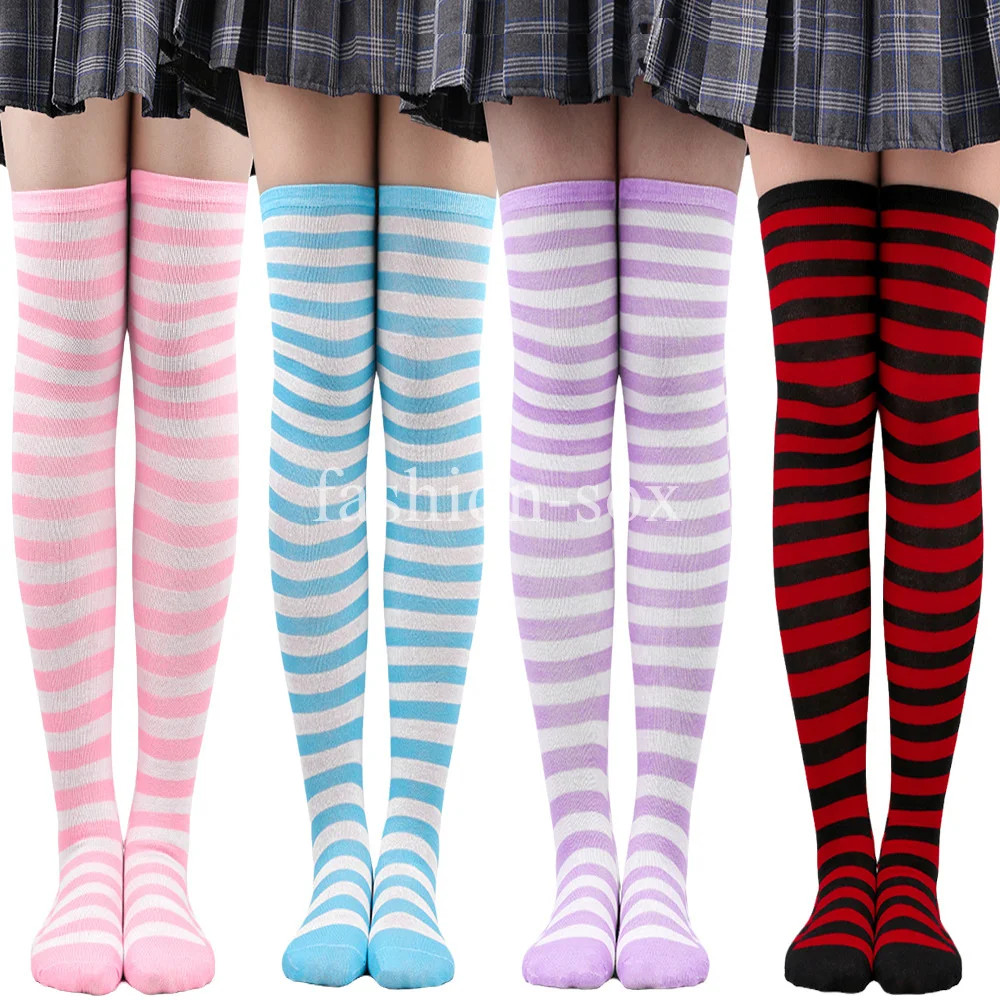 Compression Socks Medias Thigh High Black White Striped Long Socks Girls Lolita Cosplay Costumes Women Over Knee Stockings