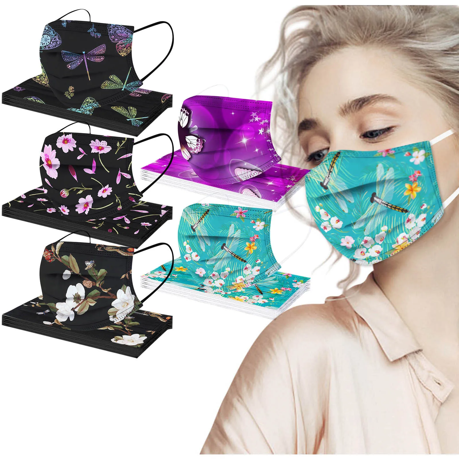 

50PC Adult Flower Prints Disposable Masks Industrial 3Ply Pm2.5 Masks Earloop Bandage Man Women Anti-dust mouth Mask masque