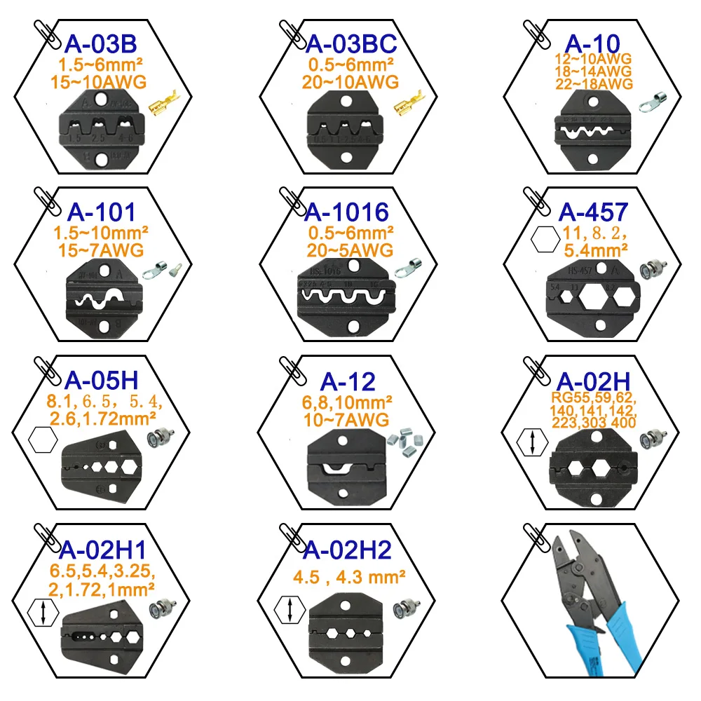 A03BC A03B A10 A101 A1016 A457 A05H A02H A02H1 Die Sets for HS FSE AM-10 EM-6B2 CRIMPING PILER Crimping machine modules jaw