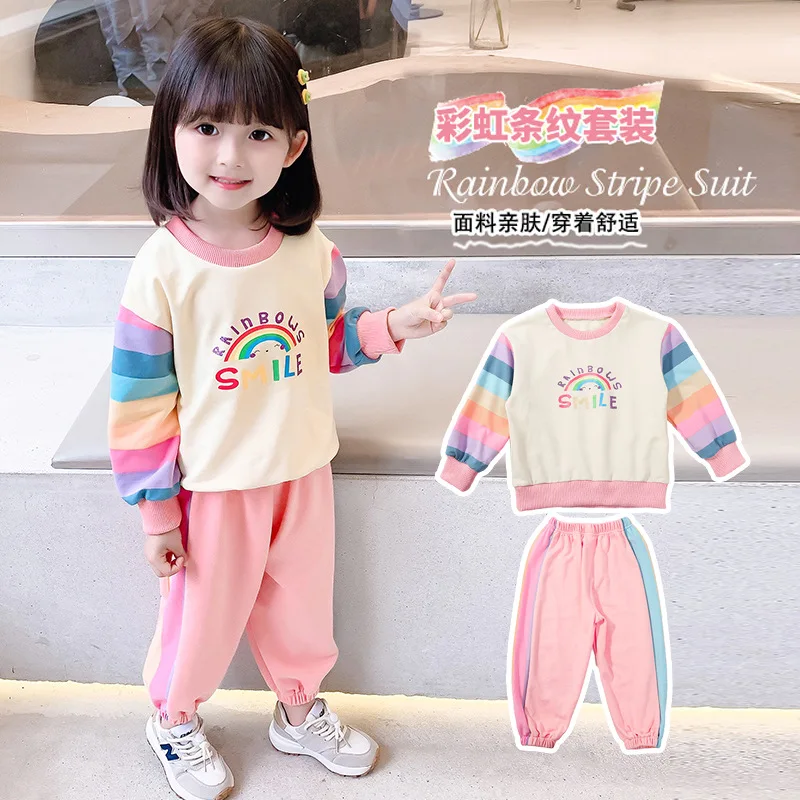 

Осенний модный детский хлопковый комплект одежды для девочек, весенние пуловеры с радужным принтом, топы + брюки