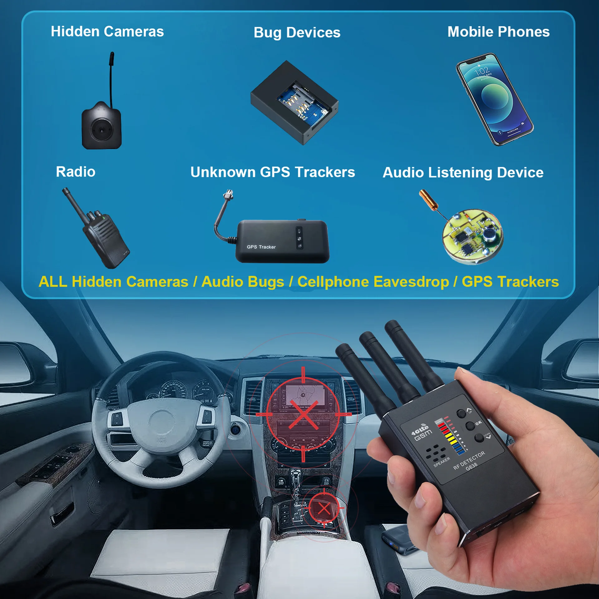 Anti Bugs WIFI Hidden Camera Detector RF Bug Detector Anti-Spy Listen Sweeper Wireless Listening device GPS Tracker enlarge
