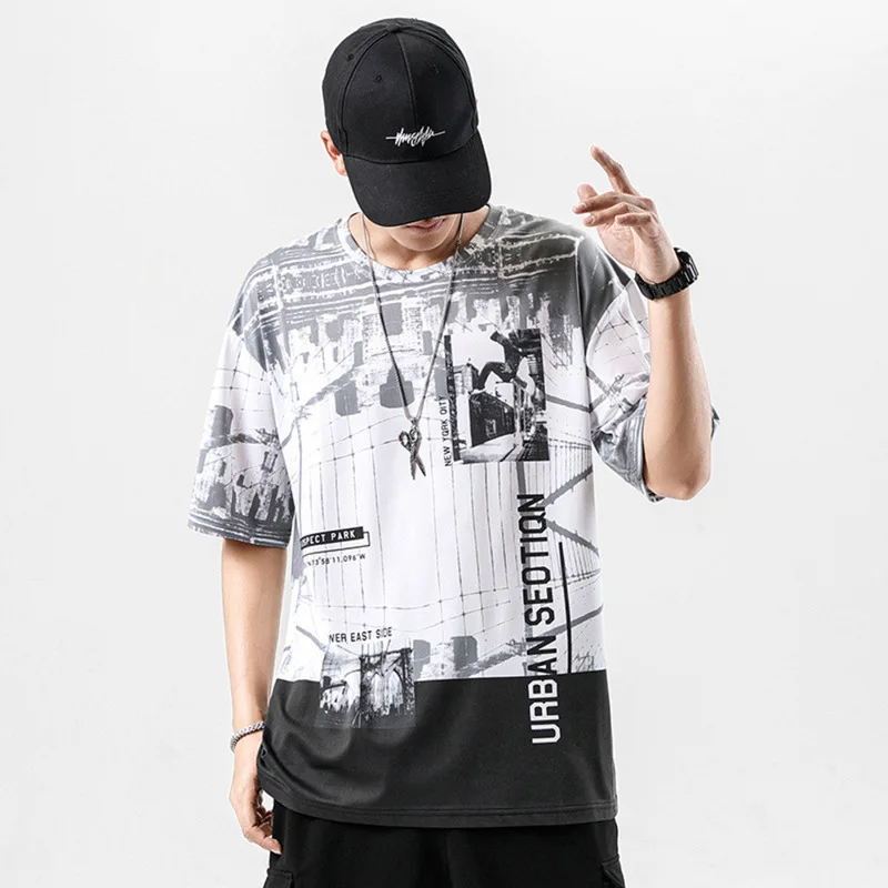 

Футболка мужская с воротником без воротника, Модная стильная рубашка свободного покроя с молодежным принтом, тонкая майка с надписью, на ле...