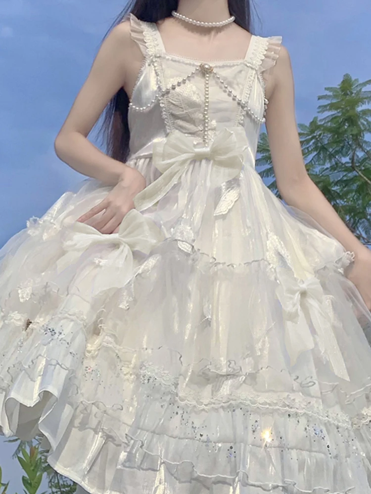 

KIMOKOKM JSK Diablo Style Lolita Gothic Princess Dresses Square Collar Bow Kawaii Ruffles Sleeveless Sweety Camisole Dress