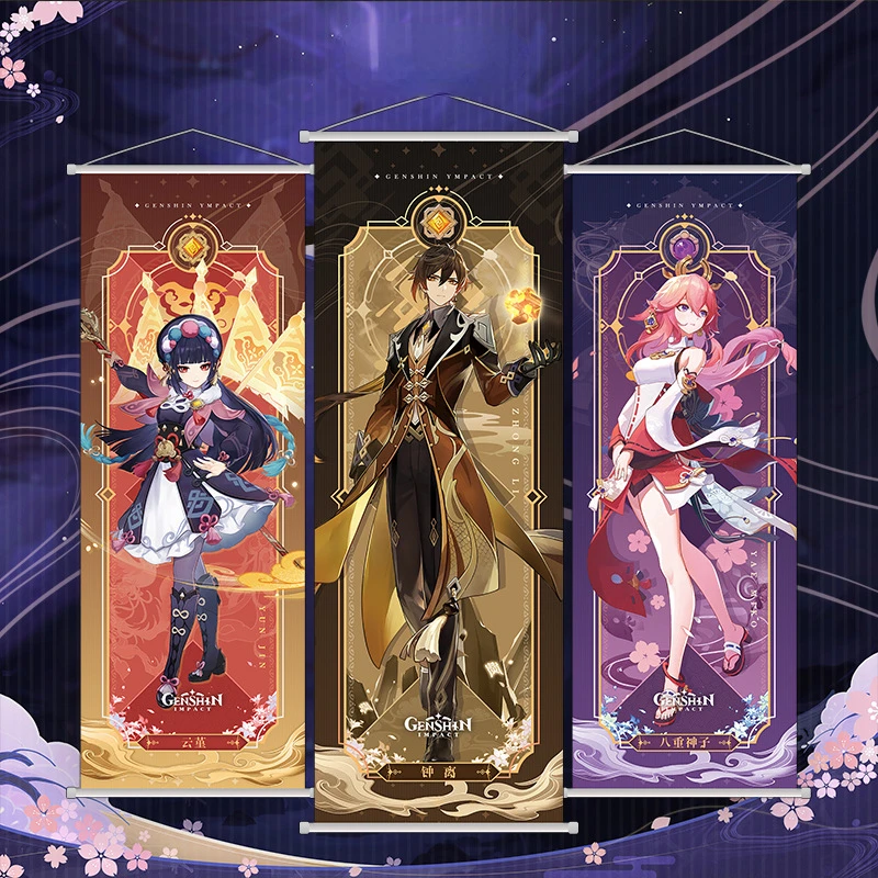 

Genshin Impact Keli Zhongli персонаж свиток на холсте настенная живопись аниме игровое украшение плакат искусственные игрушки