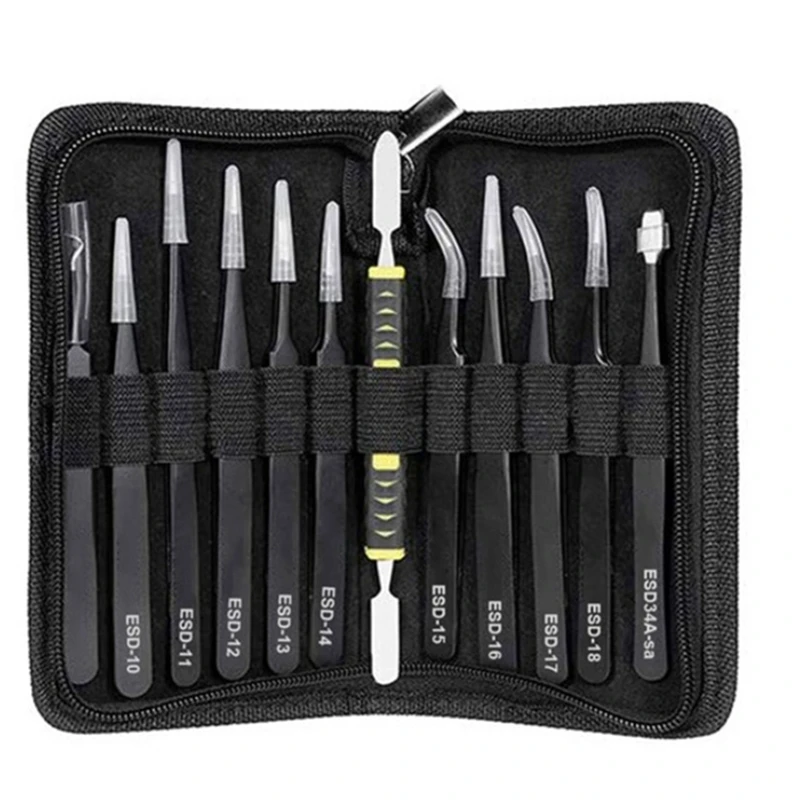 

Hot Tweezers 12 Pieces ESD Tweezers Tools Kit Anti-Static Non-Magnetic Stainless Steel Multi-Standard With Storage Bag