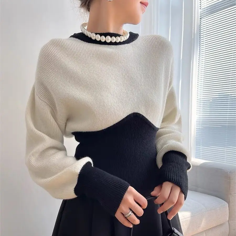 

Autumn Winter 2022 New Short Knitwear Korean Slim Design Pullover Women O-Neck Regular womans long sleeve tops