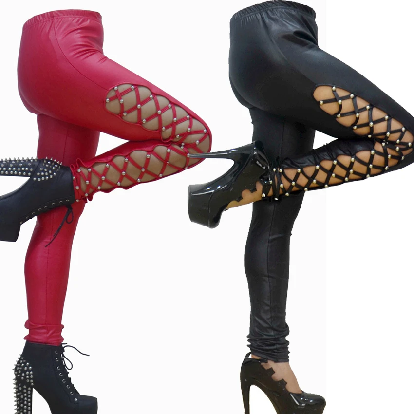 

Sexy Red PU Leather Pants Women High Waist Adjustabl Lace Up Bandage Pants Casual Leggings Women Clubwear Trousers