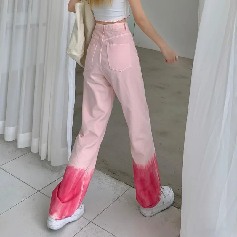 Pink Fashion Women's Jeans Gradient Outerwear Bottom High Waist Casual Plus Size Jeans Kawaii Spring and Autumn Wide Leg Jeans