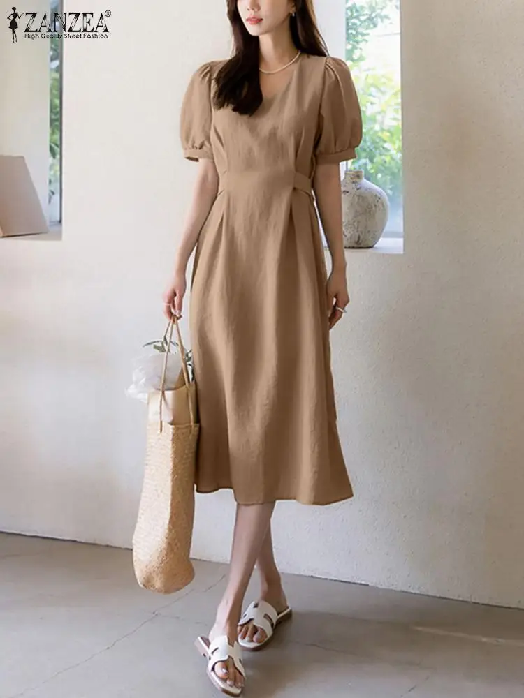 

Платье ZANZEA женское однотонное с V-образным вырезом, элегантный модный офисный сарафан-трапеция с буффами на завязках, лето