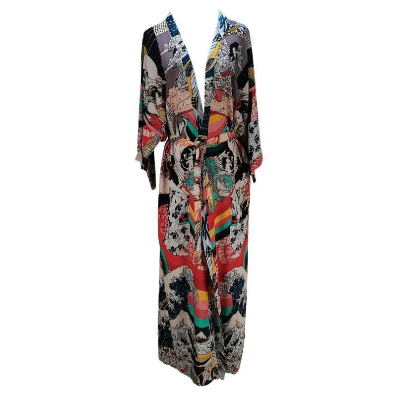 

2022 New Women Clothing Printing Long Swimsuit Cover-ups New Summer Open Front High Split Chiffon Beach Cardigan Swimwear Cover