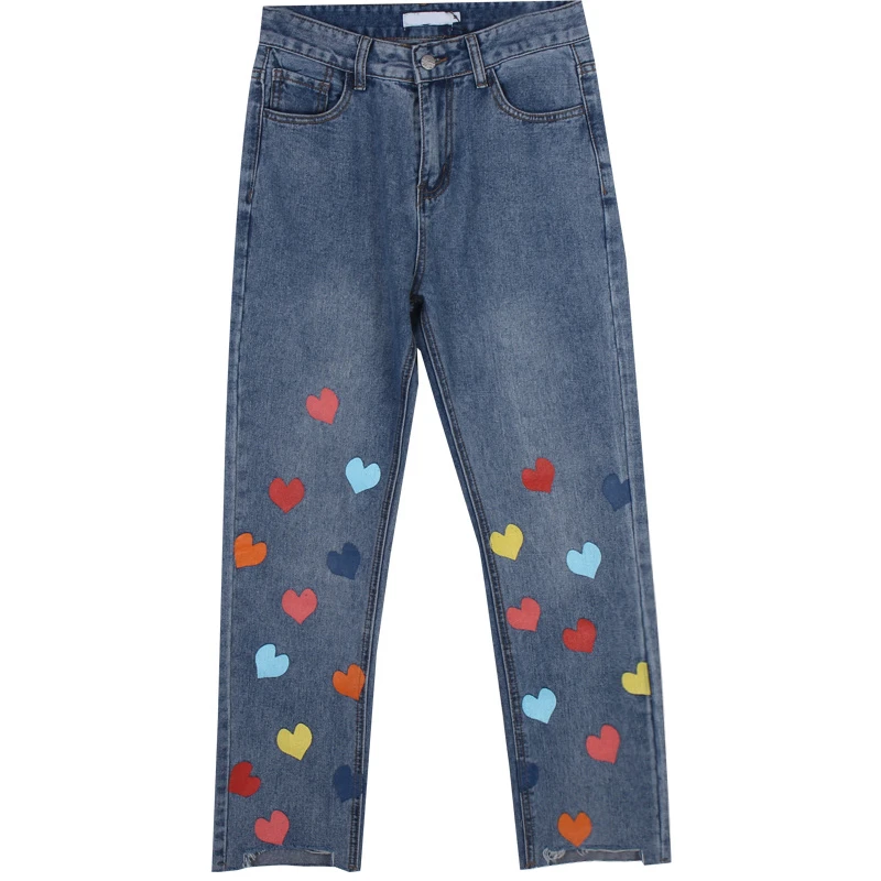 

Blue Baggy Trousers Harajuku Mom High Waisted Denim Pants Vaqueros Mujer Women Fall Colorful Heart Print Jeans 90s Streetwear