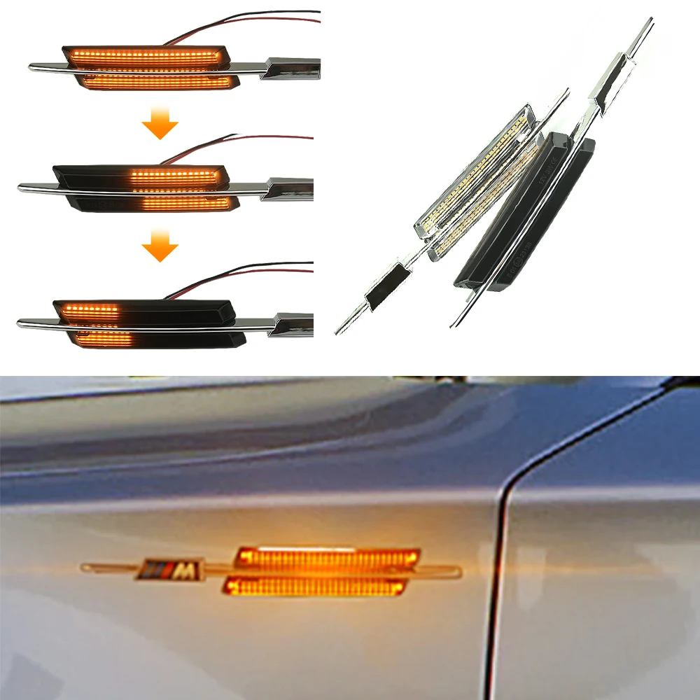 Фото Подходит для 93, 2006/2010 BMW, трансформируемый 2D указатель поворота для BMW F10, последовательная динамическая вспышка, янтарный светодиодный боковой габаритный фонарь на крыле №1