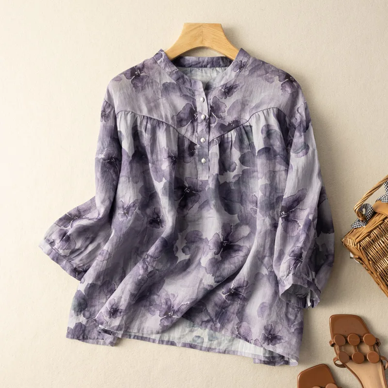 

Женская рубашка из хлопка и льна, винтажная Свободная блузка с коротким рукавом и круглым вырезом, с цветочным рисунком, YCMYUNYAN, лето 2023