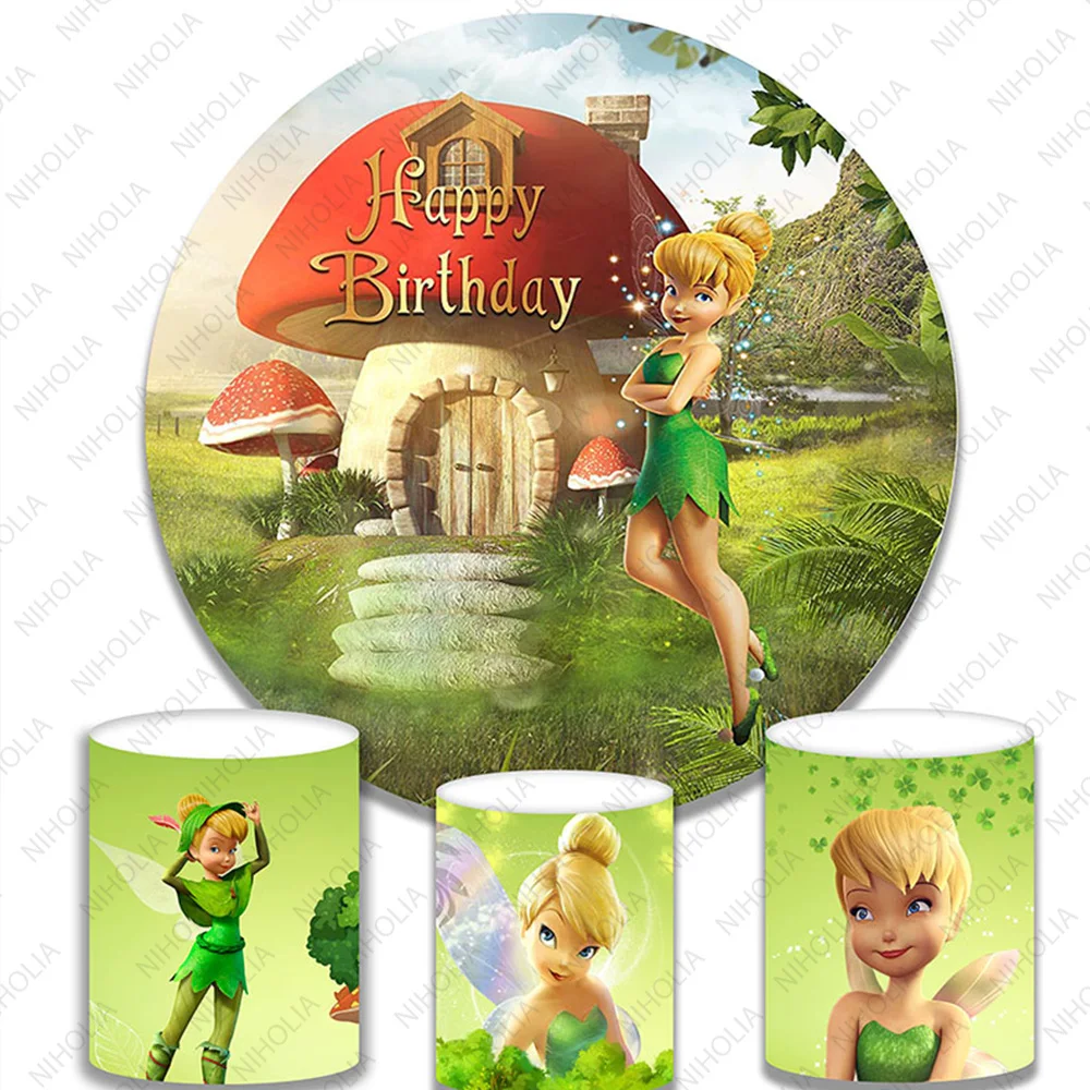 Disney Tinker Bell Round Backdrop Girls Kids Birthday Party Photography Background Cover Green Circle Decoration Booth Prop