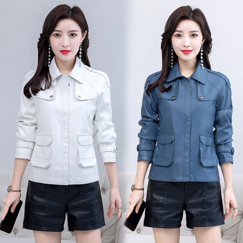 KoHuiJoo Faux Leather Jackets Women Plus Size Korean Elegant  Fashion Long Sleeve Slim Short Leather Jacket Formal PU Coat M-6XL