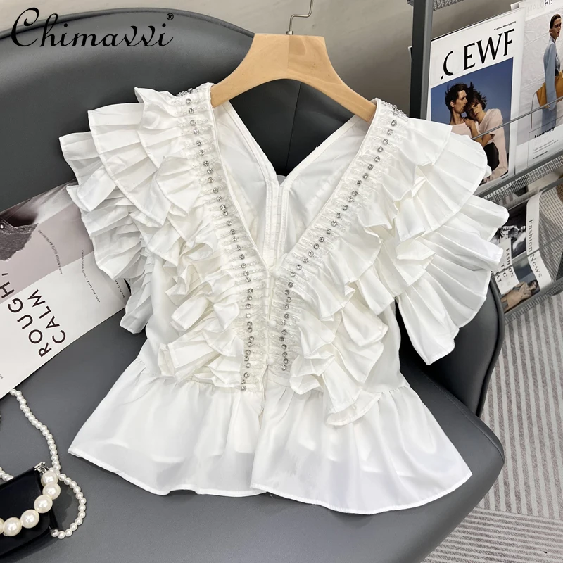 

2022 Spring Summer New Ladies Fashion Exquisite Rhinestone Blouses Women Elegant Pleated Ruffled Flying Sleeves V-neck Shirt Top