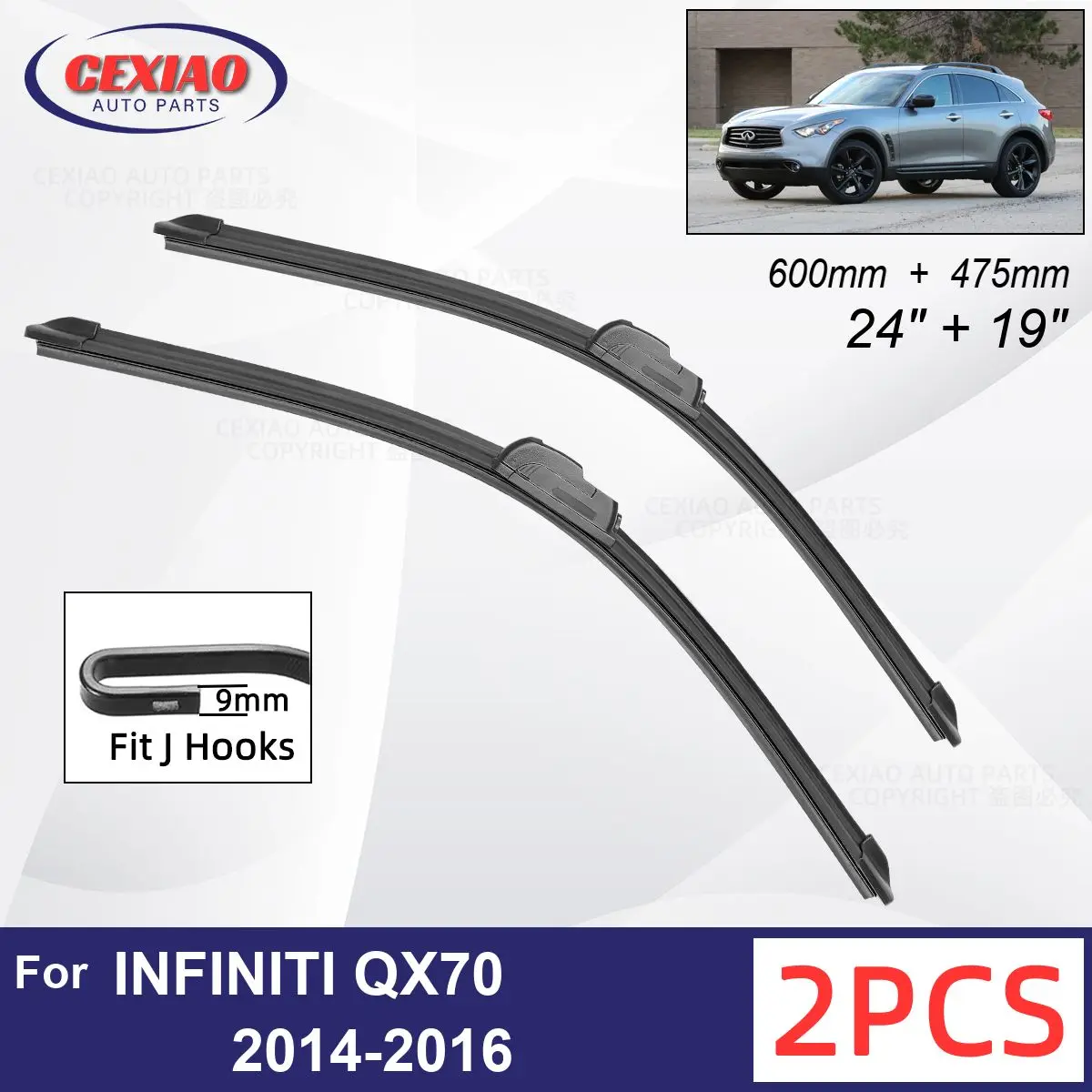 

Car Wiper For INFINITI QX70 Front Wiper Blades Soft Rubber Windscreen Wipers Auto Windshield 24"+19" 600mm 475mm 2014 2015 2016