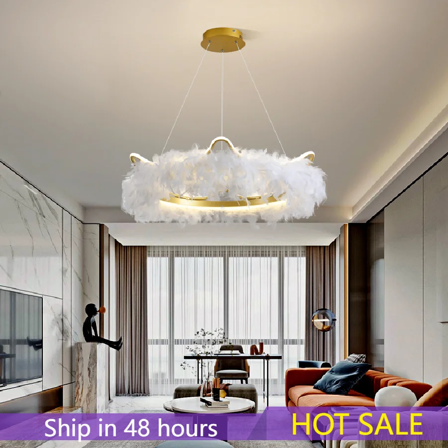 

Nordic Bedroom Chandelier Lights Lighting Crown Feather Warm And Romantic Room Luxury Modern Pink Lustre Princess Girl Lamp