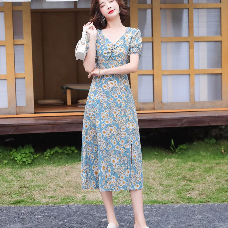 

Elegant Ruffles Short Sleeve Floral Print Dress Women 2022 Summer New Female Fashion V-neck Collar Slim Fit Wiht Sashes Dresses