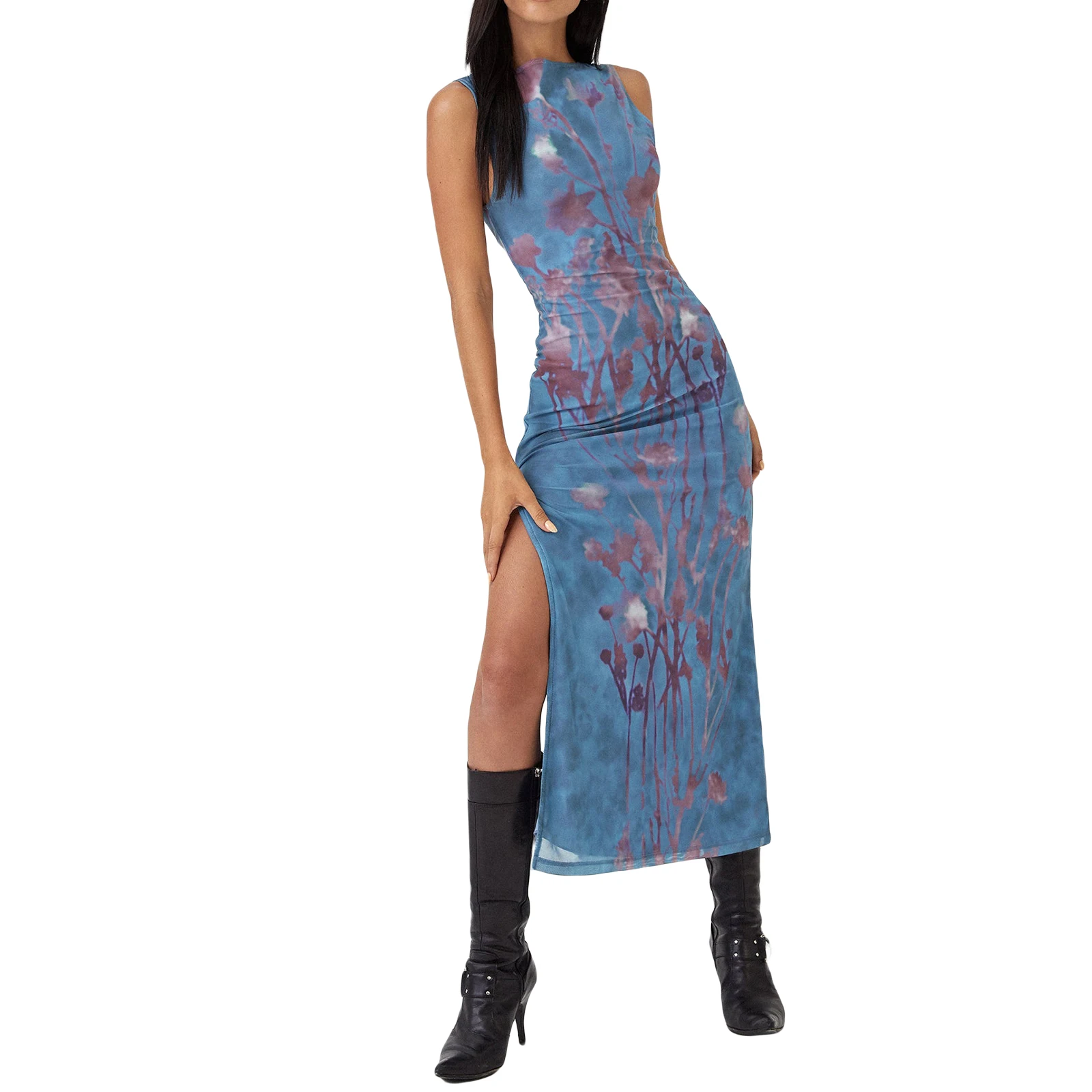 

Женское летнее облегающее длинное платье без рукавов с высоким разрезом и цветочным рисунком, клубная одежда