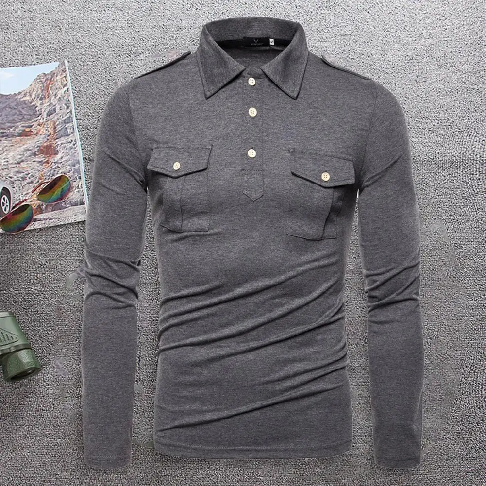 

Men Shirt Solid Color Buttons Soft Breathable Slim Half Single-breasted Turn-down Collar Long Sleeve Autumn Top Male Clothing