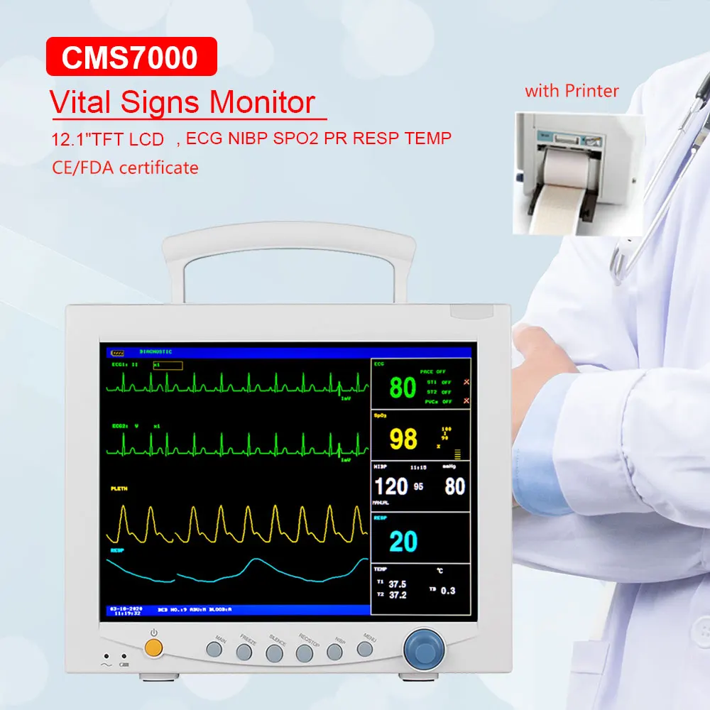 

CONTEC CMS7000 Multiparameter Patient Monitor ICU ECG NIBP SPO2 PR RESP TEMP Medical Cardiac Vital Signs Monitor with Printer