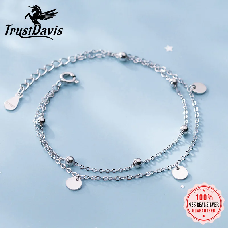 

Trustdavis Authentic 925 Sterling Silver Fashion Double Chain Beads Wafer Bracelets For Women Wedding Anniversary Jewelry DB467