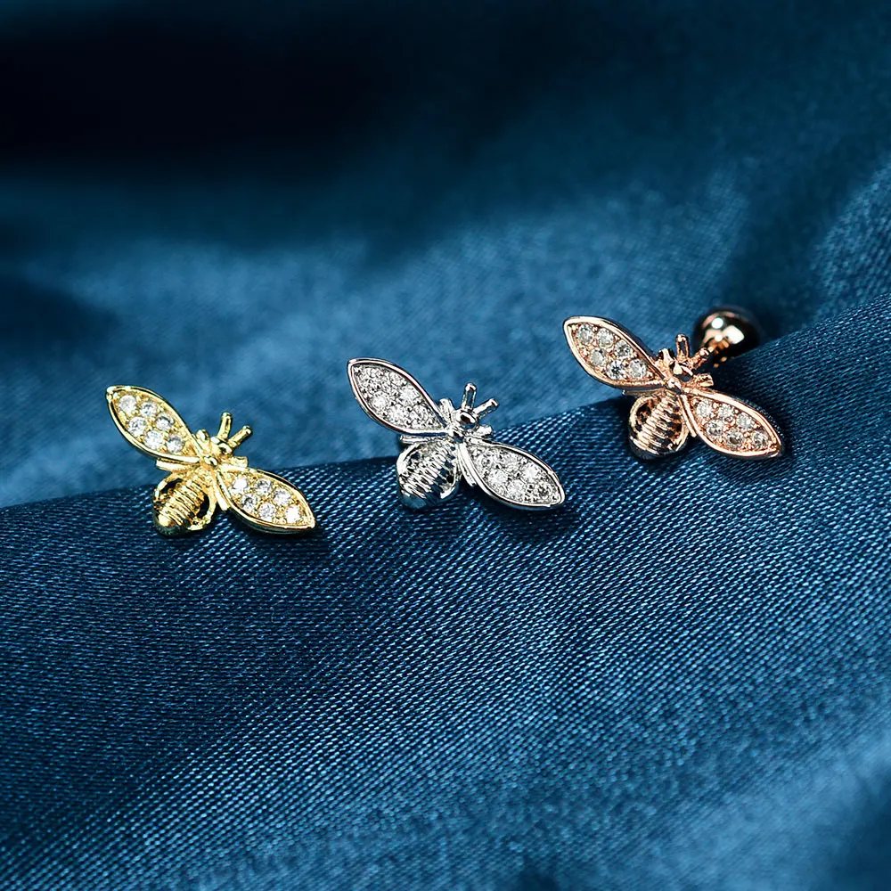 

1Pcs 20G Stainless steel Zircon Bee Elegant Flower Ear Stud Earrings for Women Helix Piercing Tragus Conch Piercing Jewelry