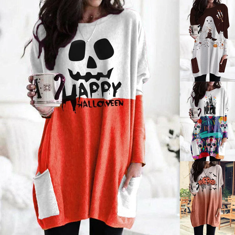

European and American Autumn and Winter Women's Round Neck Bag Halloween Print Straight Dress Women