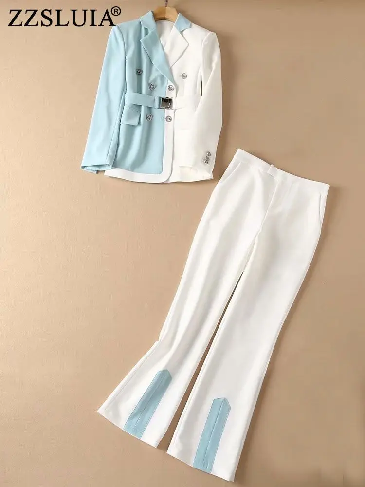 

ZZSLUIA Elegant Pants Suits For Women Color Blocking Patchwork Designer Blazers+Trousers Twinset Fashion Outfit Female Cloth Set