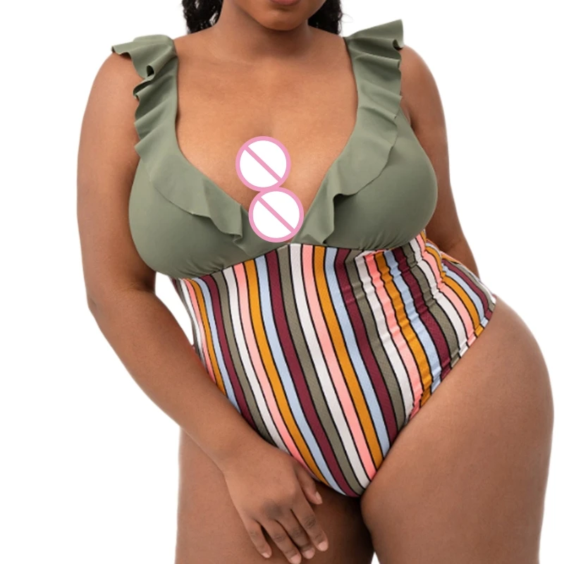 

New style Triangle Vertical Stripes Swimsuit Beachwear Chest Gathered Printed Fat Bikini