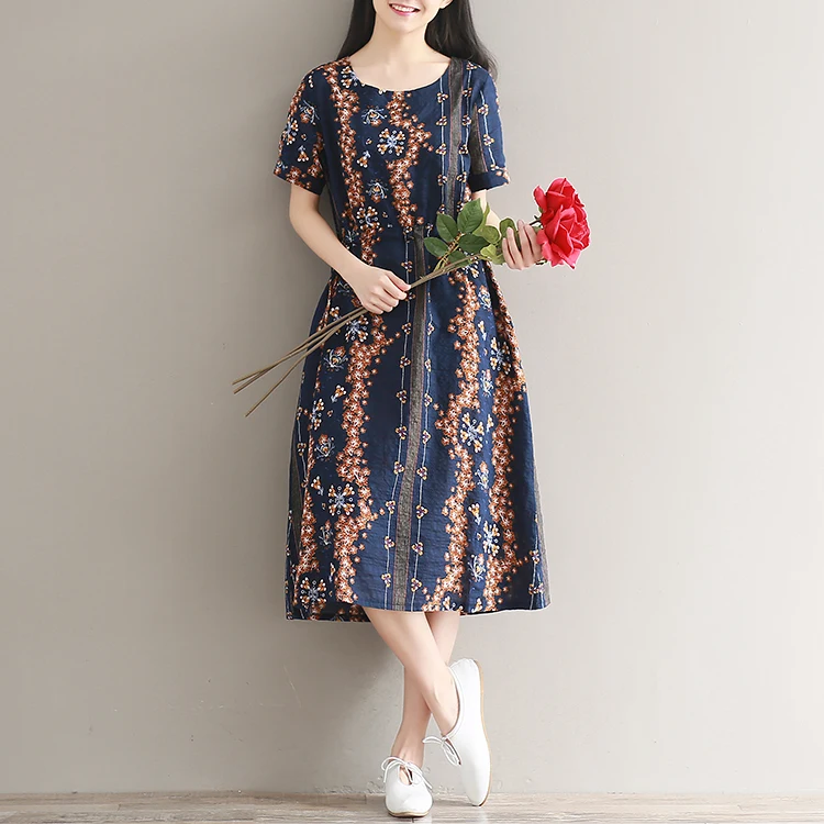 

New Fashion Women Summer Retro Dresses Loose Short Sleeve Cotton And Linen Dress Female Casual Floral Print Dress Vestidos