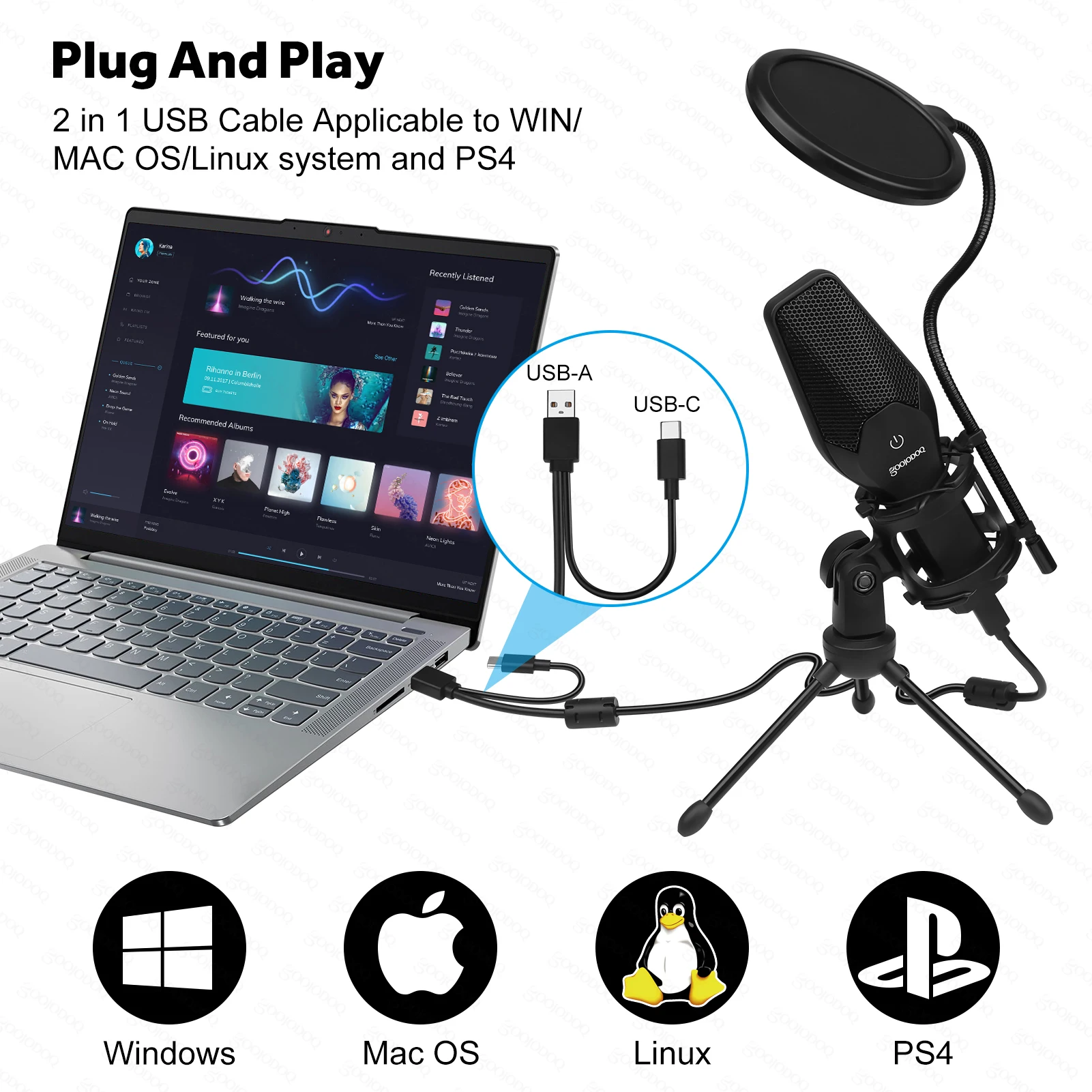 GOOJODOQ USB Microphone Condenser Mic with Tripod Stand and Pop Filter for Recording Vocals Podcasting Streaming Gaming YouTube |