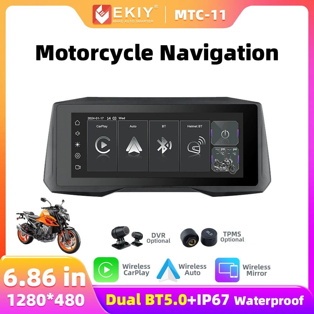 EKIY MTC11 6.86 Мотоциклетная навигация Беспроводной CarPlay Дисплей Экран TPMS DVR Двойной BT